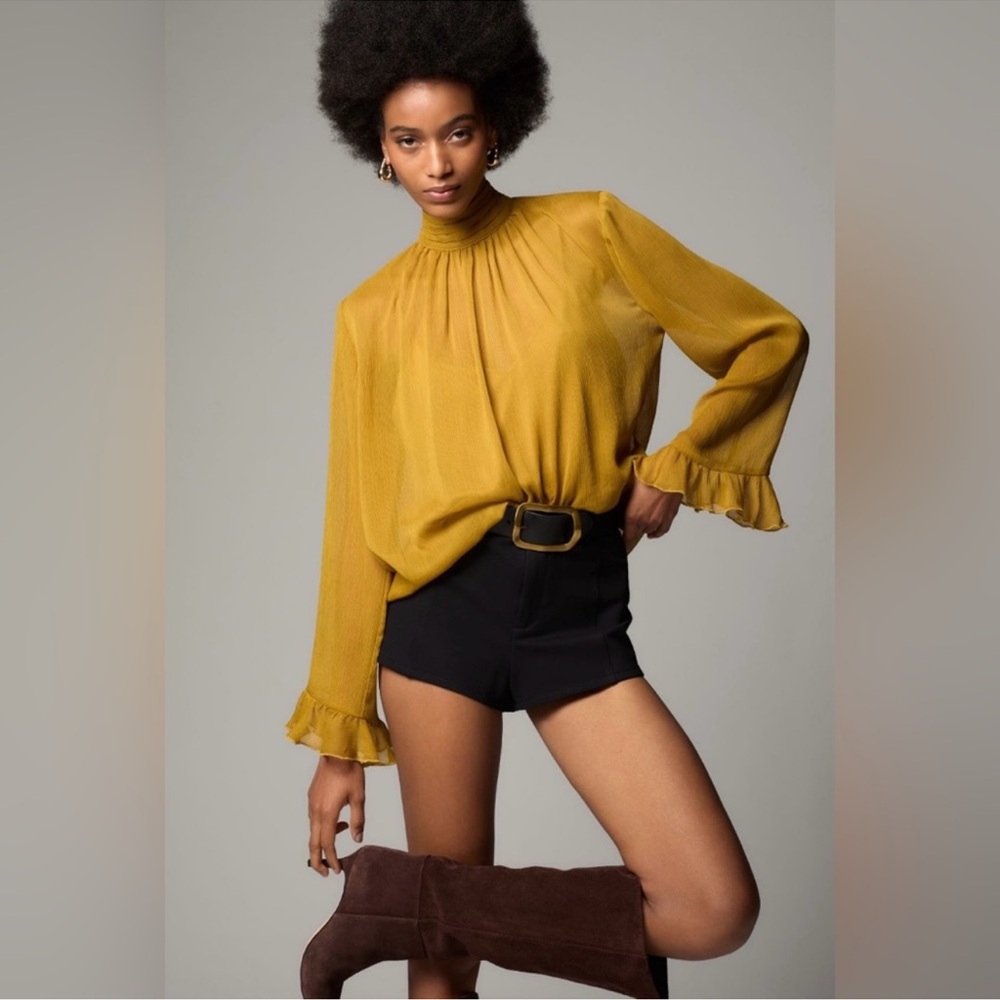 Anthropologie high neck mustard yellow ruffle long sleeve sheer blouse top